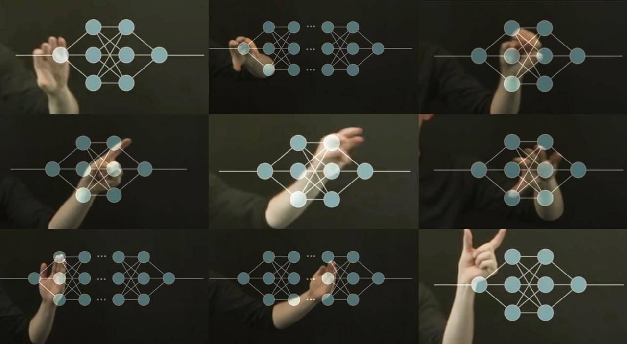Nine small images with schematic representations of differently shaped neural networks, a human hand making a different gesture is placed behind each network. Nine small images with schematic representations of differently shaped neural networks, a human hand making a different gesture is placed behind each network.
