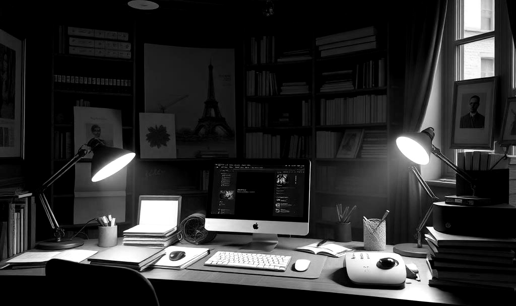 An environment depicting the desk and workstation of an editor of a magazine. Trendy, a bit haughty, very French. High-end Apple devices and interior design fixtures.
