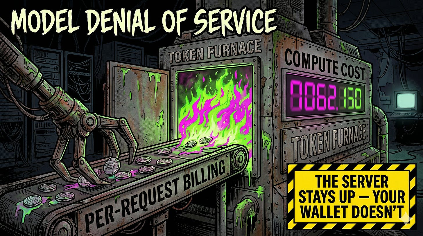 Model denial of service attack flow showing crafted prompts triggering unbounded token consumption and cloud billing explosion