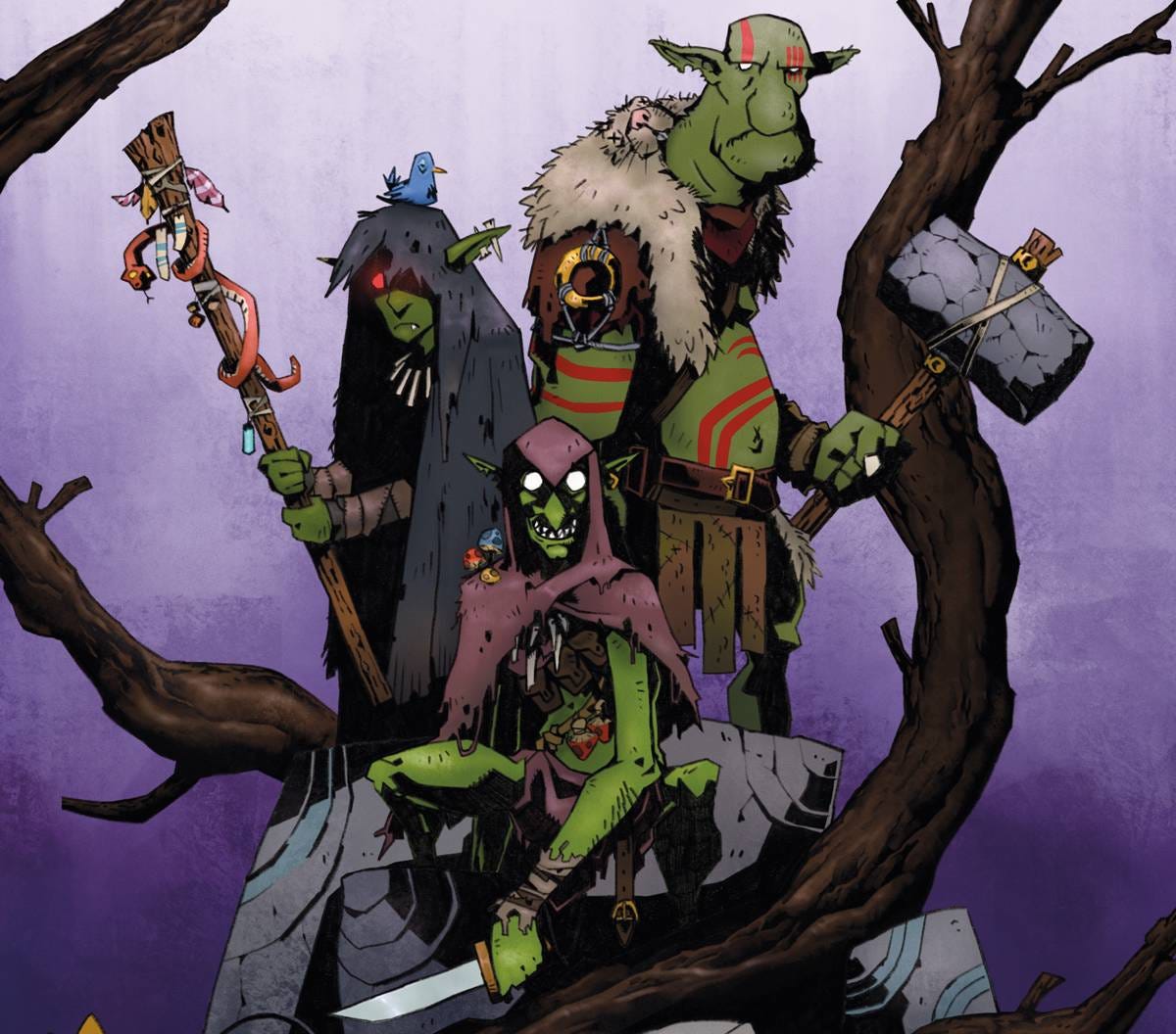 The illustration of three goblin characters with distinct appearances stand on a rocky outcrop against a purple background. One wields a stone hammer, another is a hooded rogue with glowing eyes, and the third is a shaman holding a staff adorned with charms and a snake.
