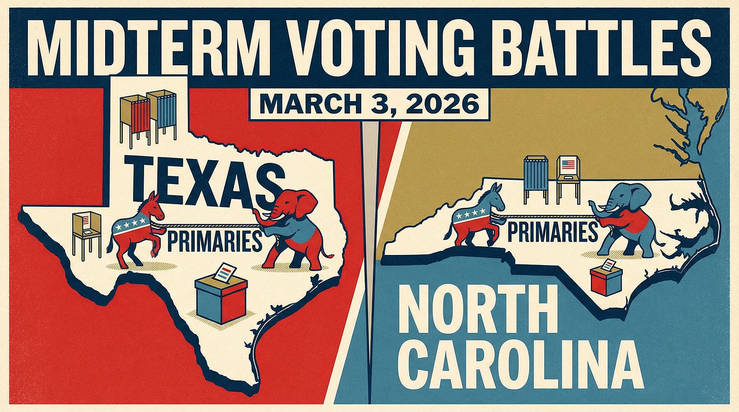 AI-generated illustration of the states of Texas and North Carolina with battling elephants and donkeys, symbolizing the upcoming primary battles on March 3rd, 2026. AI-generated illustration of the states of Texas and North Carolina with battling elephants and donkeys, symbolizing the upcoming primary battles on March 3rd, 2026.