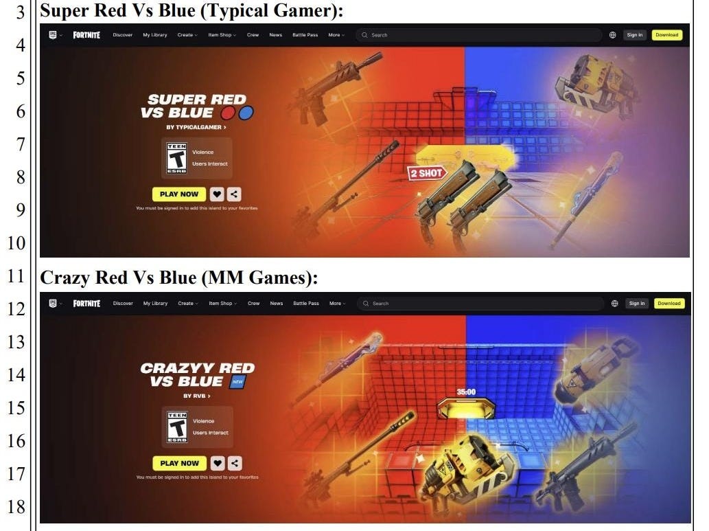 Screenshot from a lawsuit, showing two similar images. One is from Super Red vs Blue and shows the game name, a background divided into the two colors, with guns in the foreground. The second image is from Crazy Red vs Blue and shows a similar set-up Screenshot from a lawsuit, showing two similar images. One is from Super Red vs Blue and shows the game name, a background divided into the two colors, with guns in the foreground. The second image is from Crazy Red vs Blue and shows a similar set-up