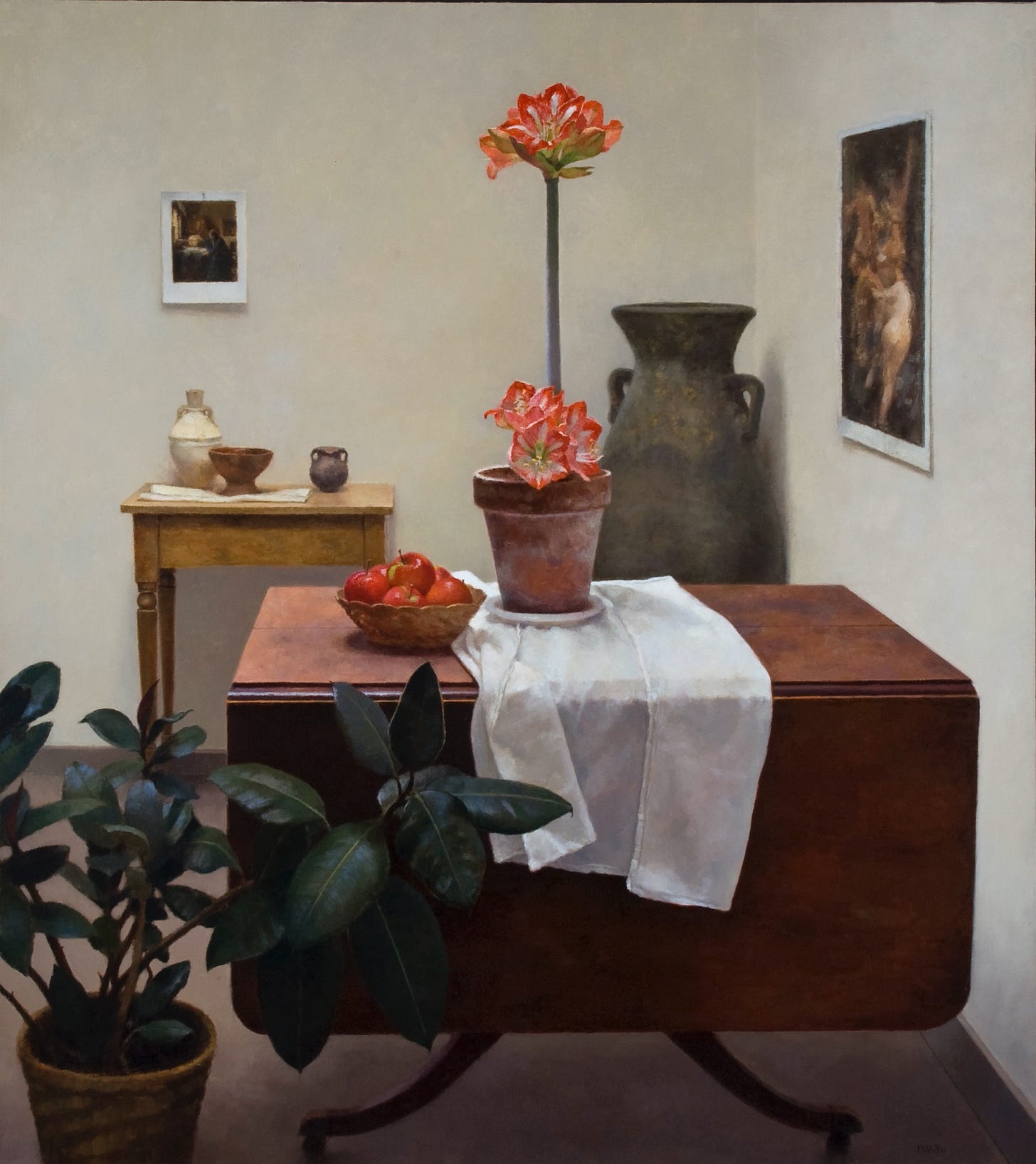 A painting of a vase and a flower on a table

Description automatically generated