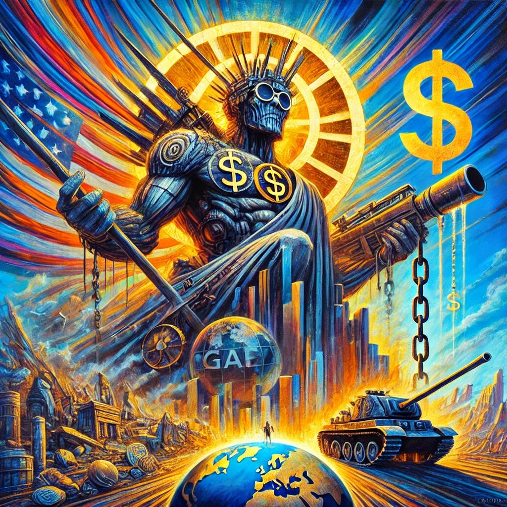 A vivid and expressive oil painting depicting a powerful allegory of the 'Global American Empire' (GAE). The painting showcases a towering figure symbolizing the GAE, cloaked in symbols of dominance such as military machinery, a golden dollar sign, and chains entangling the globe. The figure looms over a desolate landscape, representing global subjugation, with fading traditions symbolized by broken cultural artifacts. Vibrant, bold colors convey the tension and impact of hegemony. The composition evokes a sense of critique and resistance, with dynamic strokes and dramatic contrasts of light and shadow. A vivid and expressive oil painting depicting a powerful allegory of the 'Global American Empire' (GAE). The painting showcases a towering figure symbolizing the GAE, cloaked in symbols of dominance such as military machinery, a golden dollar sign, and chains entangling the globe. The figure looms over a desolate landscape, representing global subjugation, with fading traditions symbolized by broken cultural artifacts. Vibrant, bold colors convey the tension and impact of hegemony. The composition evokes a sense of critique and resistance, with dynamic strokes and dramatic contrasts of light and shadow.