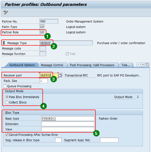 Configure the outbound profile with Receiver Port, Output mode, basic type and message type
