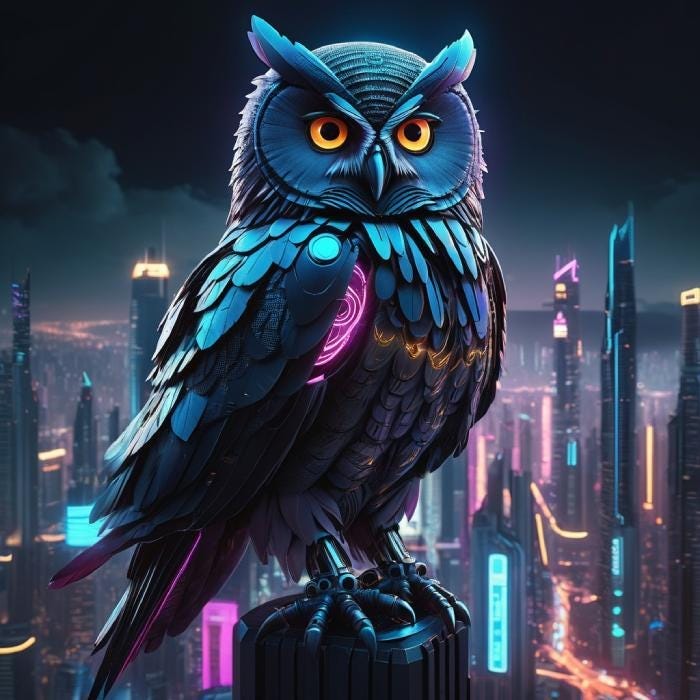 tengrai_A colossal owl perched atop a futuristic skyscraper, overlooking a cyberpunk city at night, epic, cinematic, breathtaking, highly detailed, atmospheric, glowing neon lights, intricate feathers, dramatic, digital matte painting
