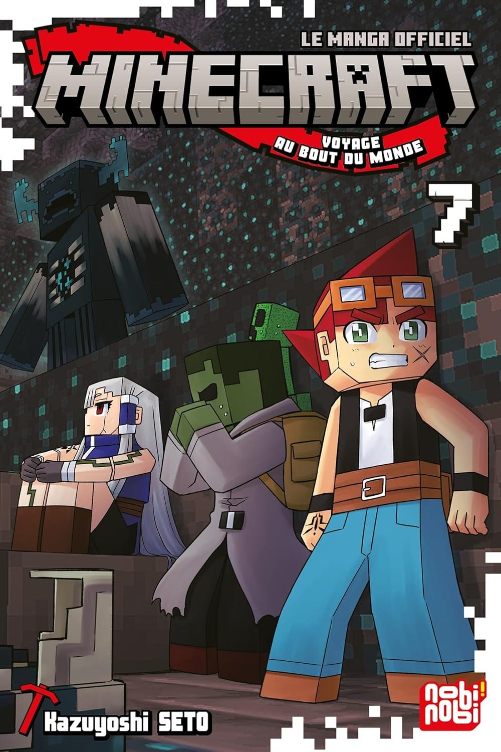 Cover of Minecraft: The Manga (Volume 7) by Kazuyoshi Seto. The main characters, including a red-haired protagonist, a girl with long silver hair, and a zombie-like companion, are cornered and look tense as they face the looming threat of a massive Warden enemy in a dark, glowing cave environment. The scene is tense and dramatic, capturing a moment of suspense in a Minecraft Deep Dark biome. The title and volume number "7" are prominently displayed.