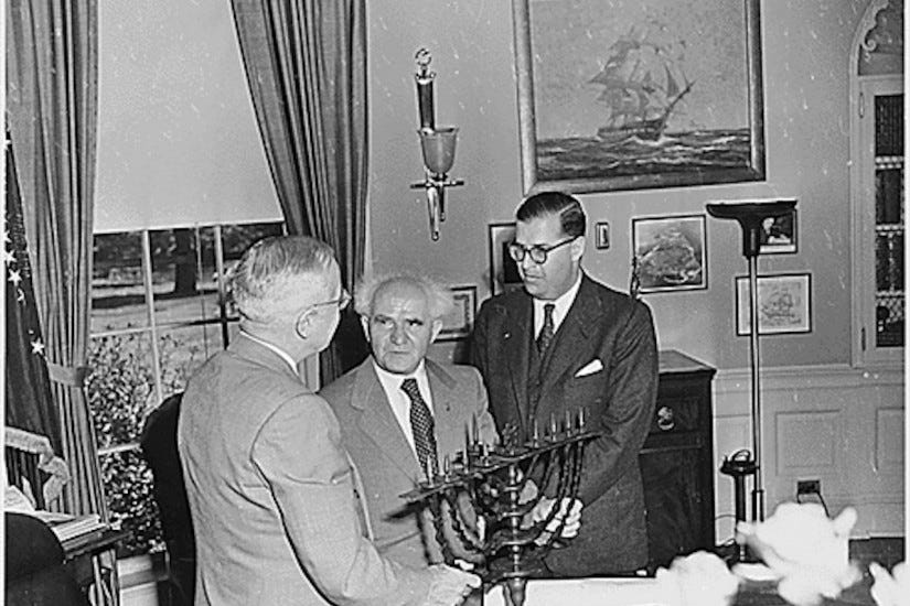 Harry Truman receives a menorah from Israeli Prime Minister David Ben-Gurion in 1951.
