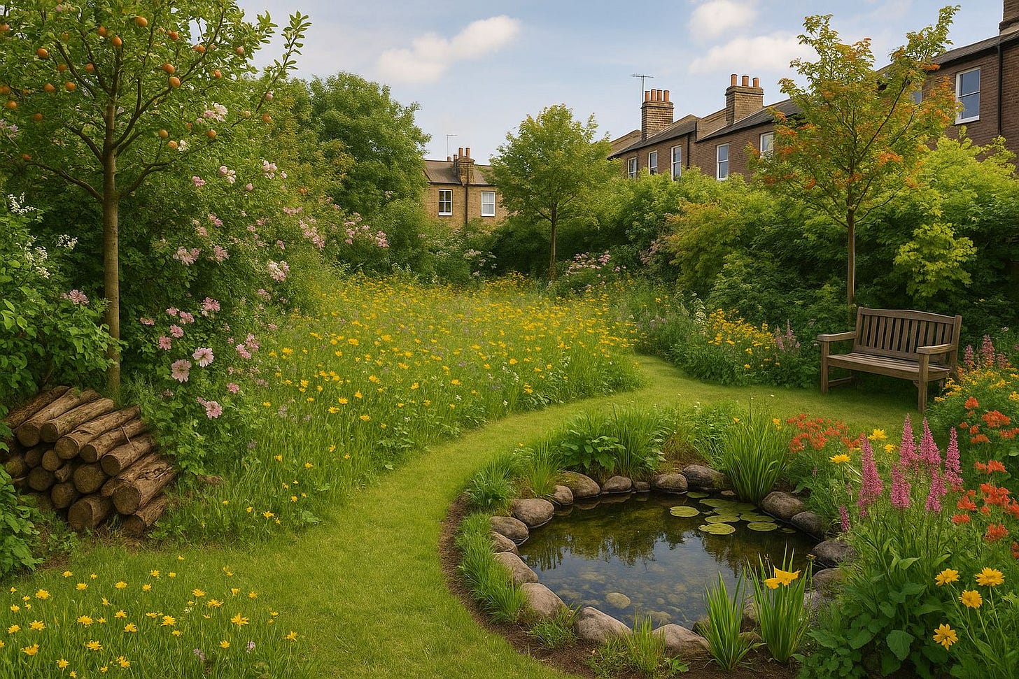 create a real-life, photo-realistic image of a beautiful abundant wildlife-friendly, rewilded terrac create a real-life, photo-realistic image of a beautiful abundant wildlife-friendly, rewilded terrac