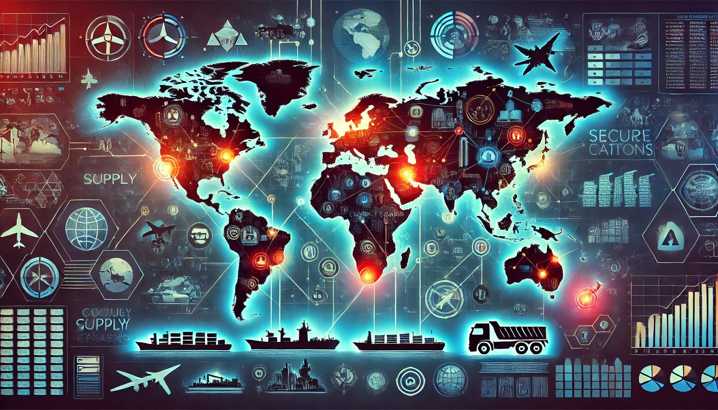 A symbolic and visually engaging representation of the global arms race to secure supply chains. The image shows a futuristic world map with key regions highlighted in glowing colors to signify competition for resources. Icons such as ships, trucks, factories, and digital networks connect the regions, while superimposed silhouettes of competing nations and militaristic symbols like tanks, satellites, and drones emphasize the strategic aspect. The style is modern, with a cyberpunk aesthetic, using neon blue, red, and gold tones to convey urgency and technological dominance.