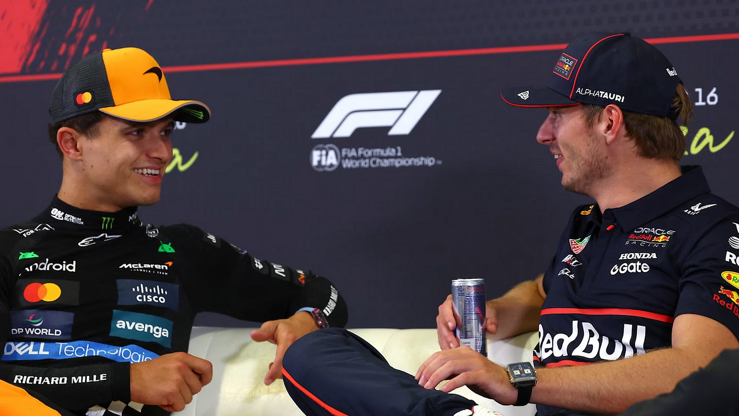 Lando Norris [left] and Max Verstappen [right] at the Monza post-race Press Conference | Credit: Formula One