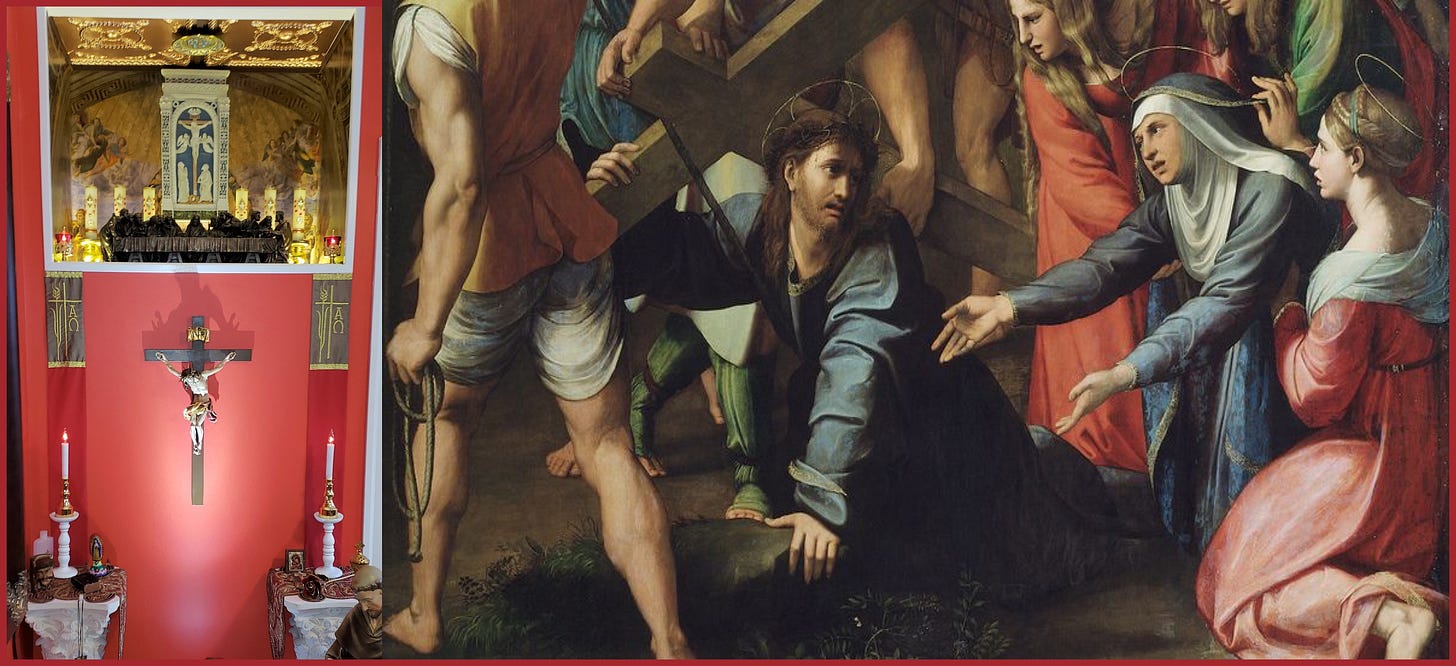 Left Pane: The Author’s Home Prayer Chapel in 2019 in Boston, Massachusetts, USA. Right Pane: Jesus Christ falling with the cross as Mary, His mother, reaches toward Him. Courtesy of Wikimedia Commons.