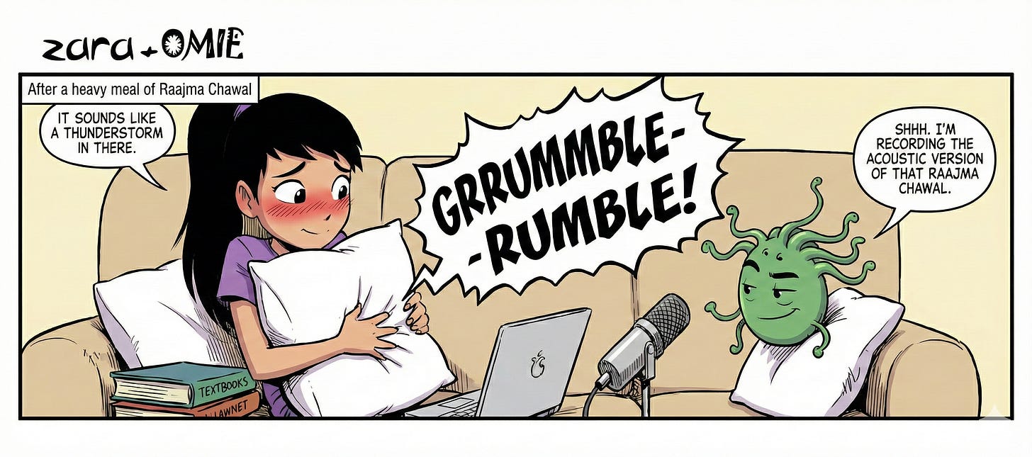 "zara + OMIE." A caption at the top reads, "After a heavy meal of Raajma Chawal." Zara, a young girl with dark hair, sits on a couch, blushing intensely and clutching a pillow tightly against her stomach. A massive, jagged sound effect bubble erupts from her midsection, reading "GRRUMMBLE-RUMBLE!" Zara says, "IT SOUNDS LIKE A THUNDERSTORM IN THERE." Next to her, the tentacled microbe character, Omie, holds a professional microphone directly toward her belly with a sly smile, saying, "SHHH. I'M RECORDING THE ACOUSTIC VERSION OF THAT RAAJMA CHAWAL."