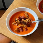 roasted red pepper and tomato soup with chunky chorizo-y croutons