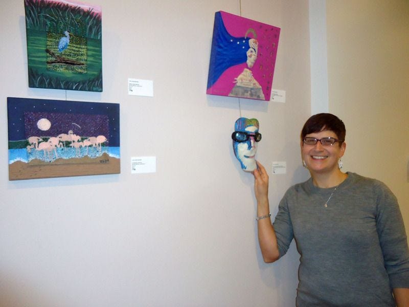 beaded small works of art on canvas The Lone Beader Cambridge Art Association Harvard Square art exhibit opening reception Boston beads bead embroidery beadwork beaded small works of art on canvas The Lone Beader Cambridge Art Association Harvard Square art exhibit opening reception Boston beads bead embroidery beadwork