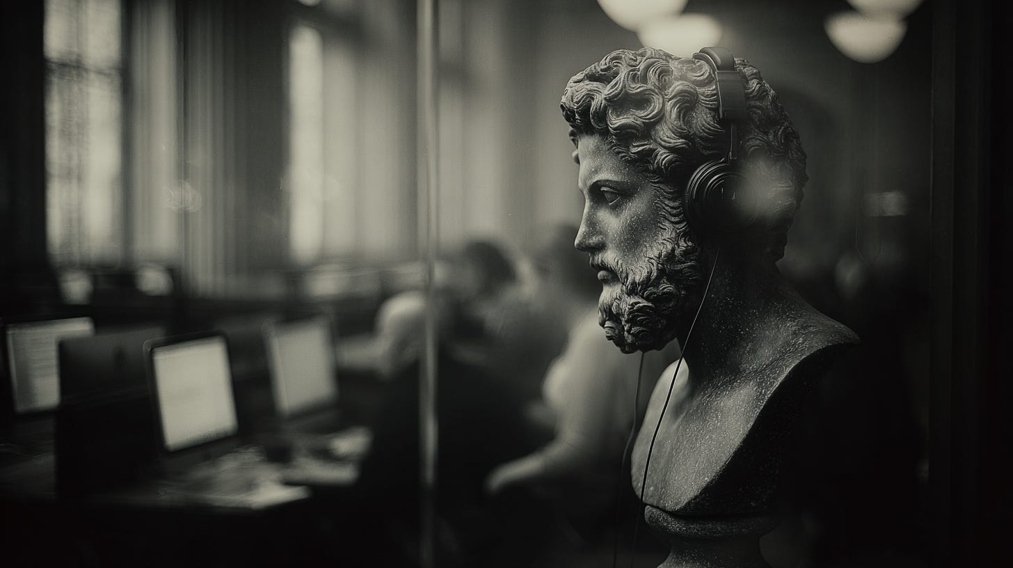 A weathered marble bust of Marcus Aurelius wearing modern developer headphones A weathered marble bust of Marcus Aurelius wearing modern developer headphones