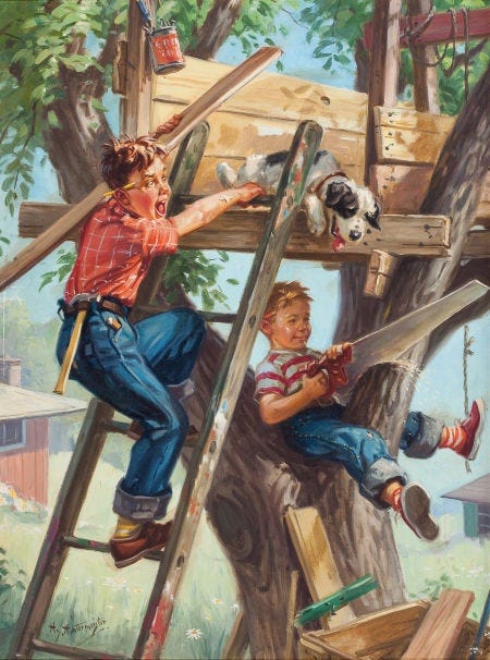 This may contain: two children playing on a swing set in an old - fashioned wood frame, one climbing up the ladder