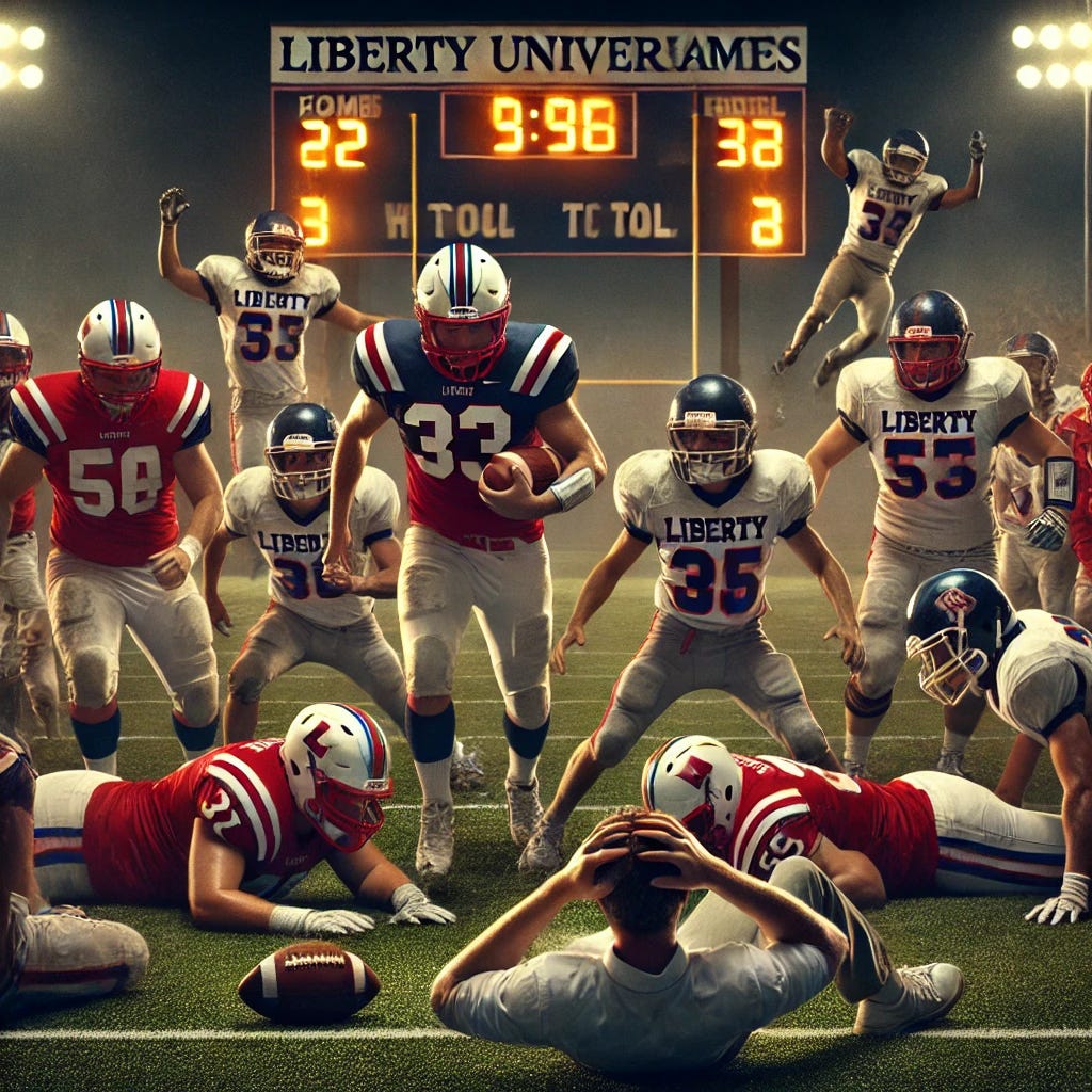 A dramatic football scene at night under stadium lights. The Liberty University Flames football team, wearing their traditional red, white, and blue uniforms, are being overwhelmed by an unidentified high school team. The high school players, smaller in size, wear plain jerseys with mismatched helmets, and dominate the field as Liberty's players struggle to stop them. Liberty's coach looks shocked on the sidelines, holding his head in disbelief. In the background, fans in the stands are either laughing or shaking their heads in disappointment. The scoreboard shows a lopsided score in favor of the high school team, and a lone high school player is seen running for a touchdown with ease.