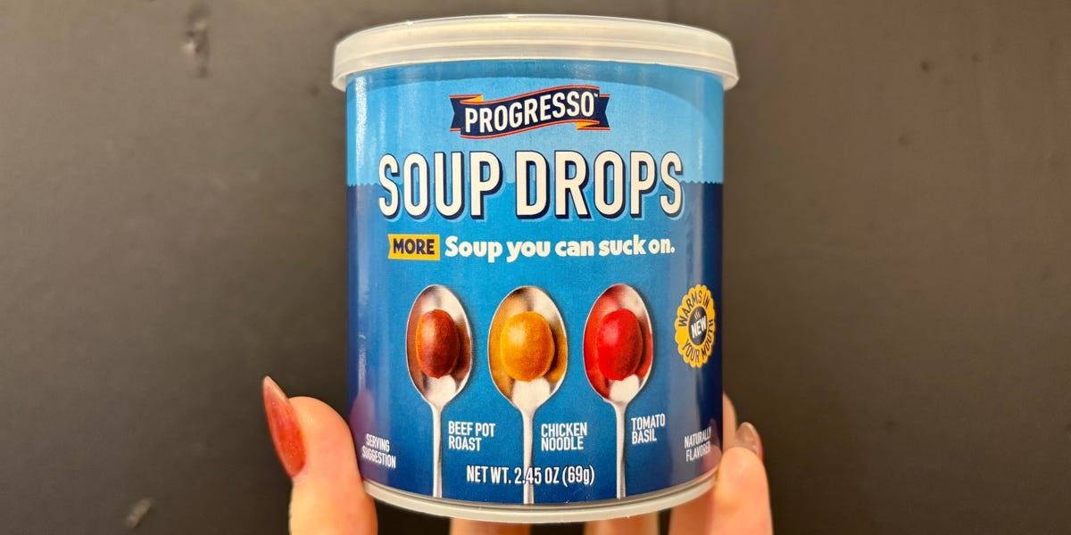 A can of soup drops, with beef pot roast, chicken noodle, and tomato basil flavors