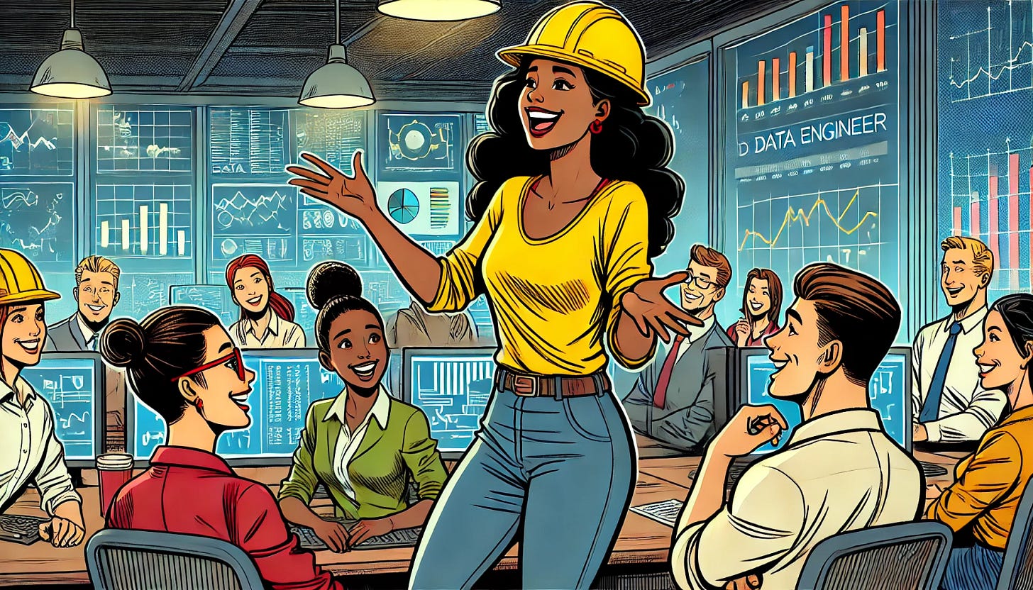 A comic book-style illustration of a Black female data engineer in an office environment, wearing a yellow safety helmet. She is animatedly telling a story to a group of colleagues gathered around her, with expressive hand gestures and a joyful facial expression. The colleagues are smiling and reacting with laughter or curiosity. The setting includes computer screens, charts, and data dashboards in the background. The art style features flat, vibrant colors with bold dark lines, typical of comic books. The scene is dynamic and whimsical, capturing the energy of storytelling in a tech office environment.