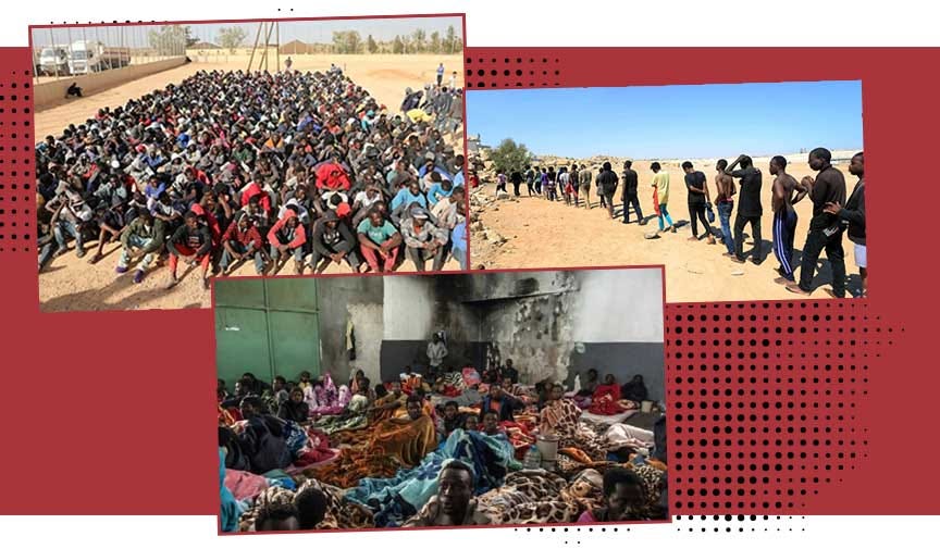 Images of Refugees and migrants imprisoned in Libya.
