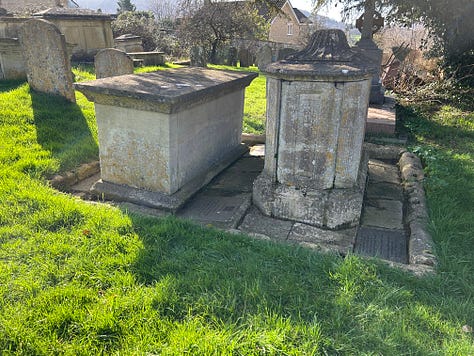 Photos of the tombs of Ann Nelson and Elizabeth Matchum at St Switun's Church, Bathford.