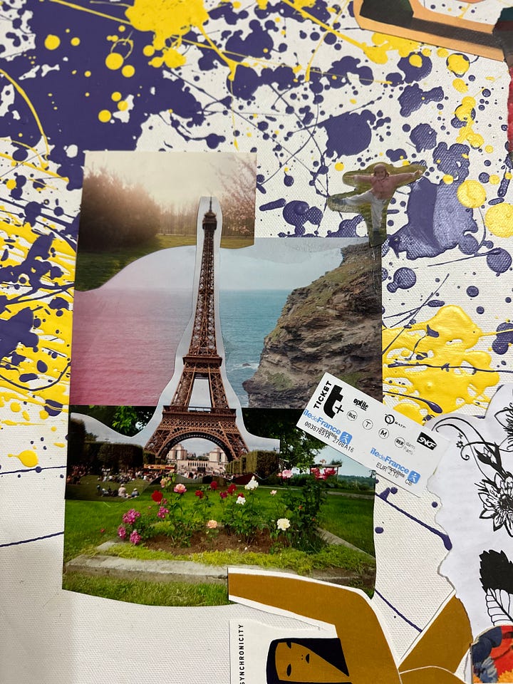 collage depicting scenes from Paris merged with Indiana backyard plus Lucille Clifton poem
