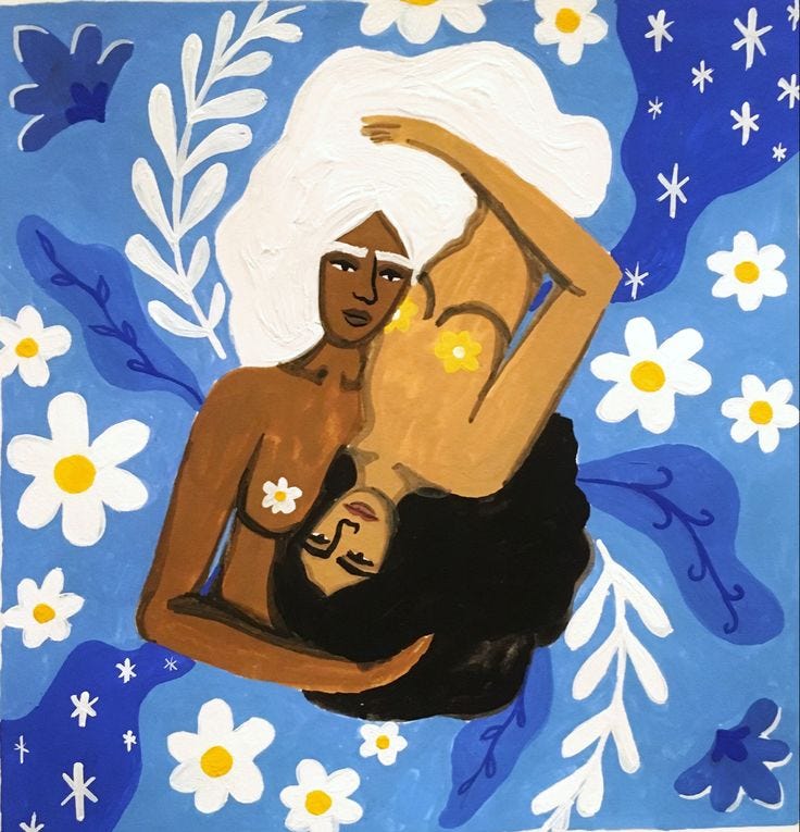 This may contain: an acrylic painting of two people laying on a bed with daisies in the background