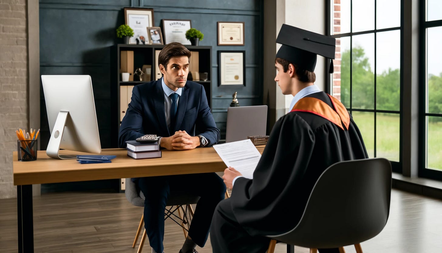 A 20-something college graduate dressed in a traditional cap and gown is sitting in an office across from an executive. The graduate looks nervous but hopeful, holding a resume. The executive, dressed in a professional suit, is seated behind a desk, looking at the graduate with a serious yet approachable expression. The office is modern, with large windows, sleek furniture, and a few potted plants. Certificates and awards are displayed on the walls, and a laptop is open on the executive's desk. A 20-something college graduate dressed in a traditional cap and gown is sitting in an office across from an executive. The graduate looks nervous but hopeful, holding a resume. The executive, dressed in a professional suit, is seated behind a desk, looking at the graduate with a serious yet approachable expression. The office is modern, with large windows, sleek furniture, and a few potted plants. Certificates and awards are displayed on the walls, and a laptop is open on the executive's desk.