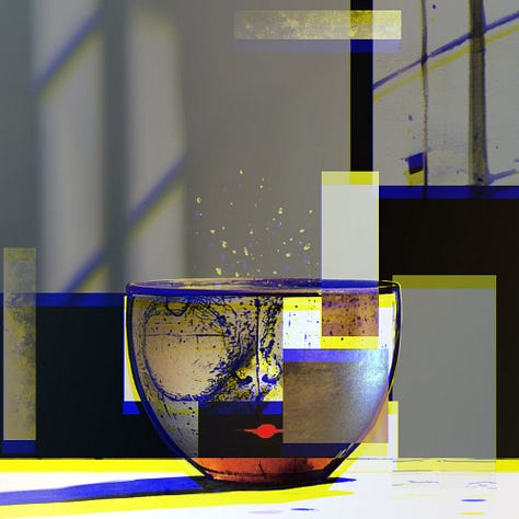 Digital collage pieces all based off an original collage representing a tea cup without a handle.