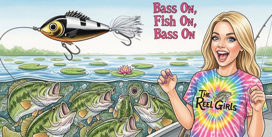 Blonde excited teen girl, casting her fishing line into the lake, fish below laughing at her. She is wearing a tie-dye shirt that says, "The Reel Girls" and the image says, "Bass On, Fish On, Bass On"