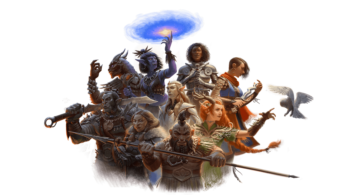 one of each of the primary 9 races stand in a group heroically. 