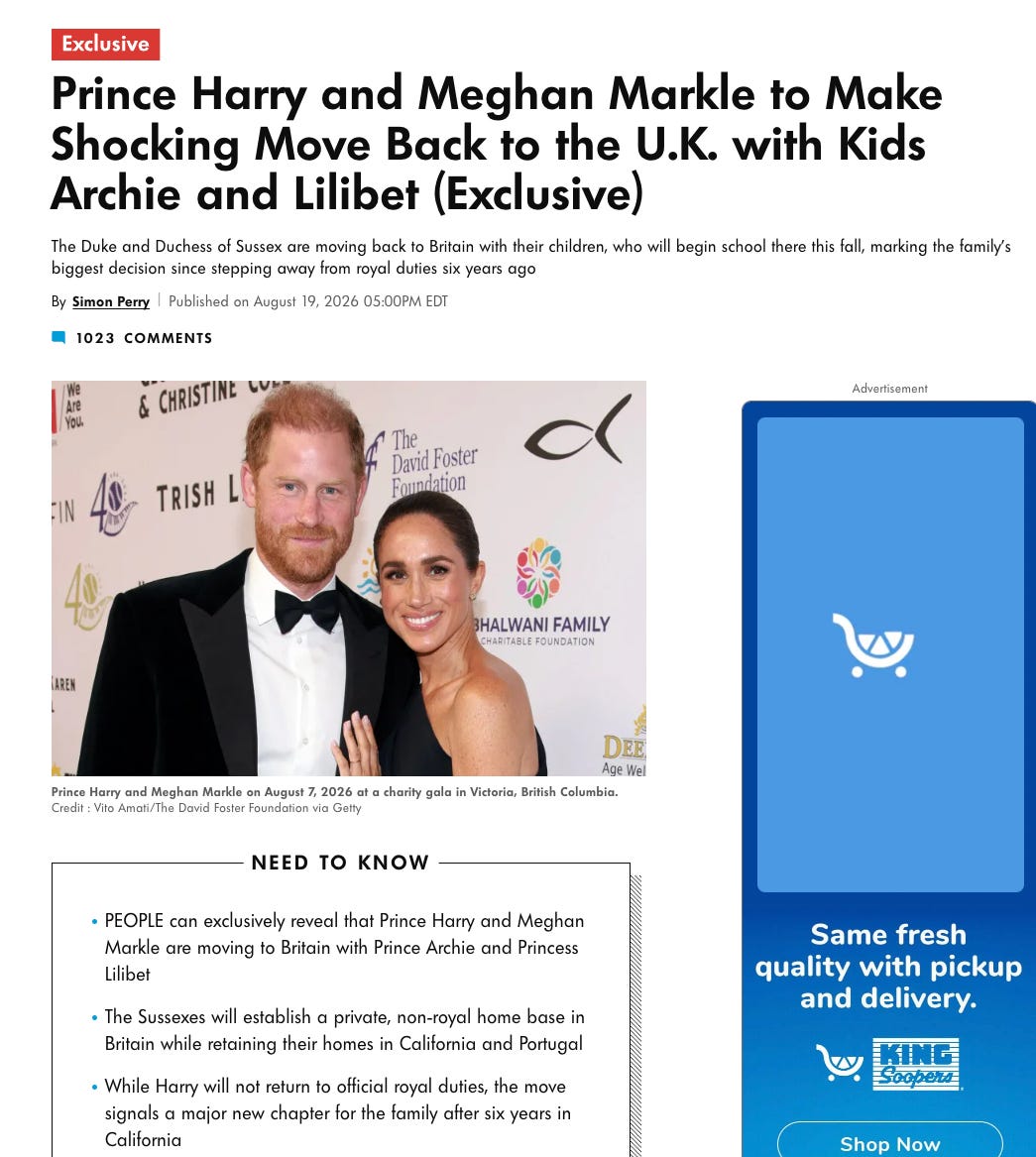 People Magazine with an exclusive headline about Prince Harry and Meghan Markle, Duchess of Sussex moving back to the U.K, with their children, Prince Archie and Princess Lilibet. The photo shows the couple smiling on a red carpet 