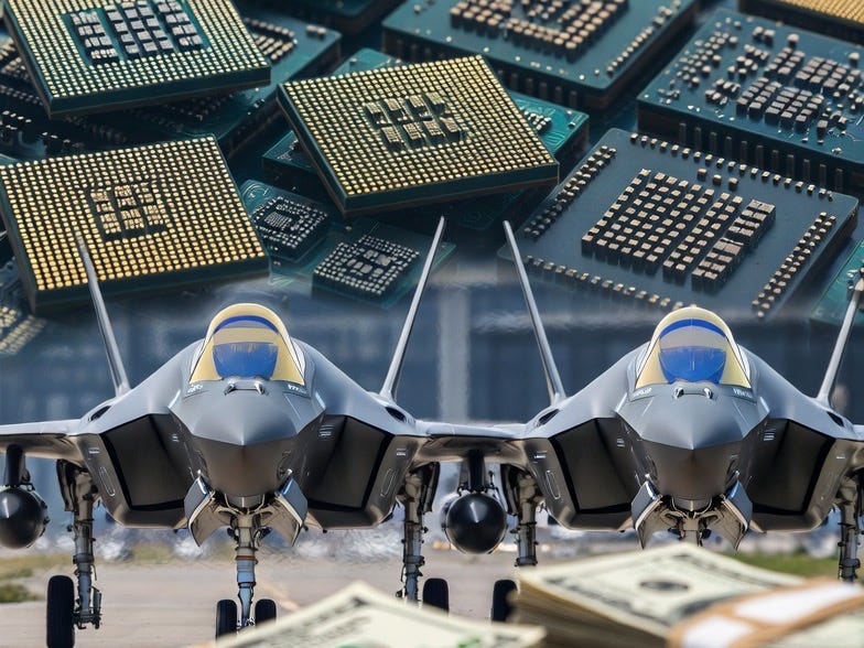 A photograph of F35 fighter jets, semiconductor chips, and U.S. dollar bills, symbolizing military technology and finance. A photograph of F35 fighter jets, semiconductor chips, and U.S. dollar bills, symbolizing military technology and finance.