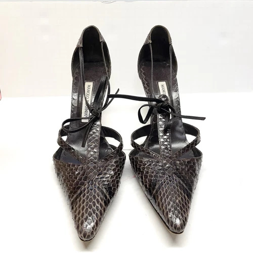 Manolo Blahnik Snakeskin Animal Print T-Strap Pumps Size 39 - Picture 5 of 8