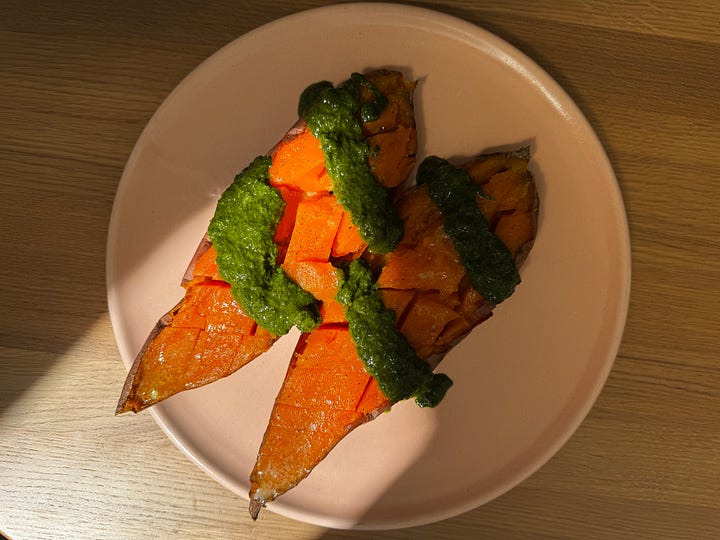 Baked kumara with green sauce