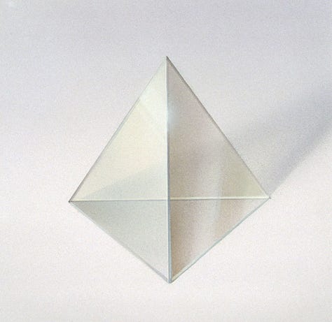 LEFT: Figure detail from CAUSEWAY featuring a nude female viewed from behind as she takes a tentative step into gray green water at the end of a stone causeway. A white cloth blindfold is tied in a short knot behind her head. Her skin is deep bronze and her hair pure black.  CENTER: PRISM (1991), Acrylic on watercolor board - 6” x 6”. A transparent glass tetrahedron casts an angular shadow back on a gray background. The prism is rendered in limited color, just a slight tint of yellow to set it apart from the shading of the simple background.  RIGHT: Close foreground detail from CAUSEWAY featuring the fossil embedded in stone. A clear glass prism rests on the stone nearest left on top of the bones of a small dinosaur. Other fossil evidence includes trilobites, ammonites, fish, and plants. Pylons set with red bicycle reflectors rise out of the water beside the causeway. The material of the posts changes from rough wood to carved stone to formed metal as the causeway descends symbolizing the progression of technology running alongside evolution in the fossil record.