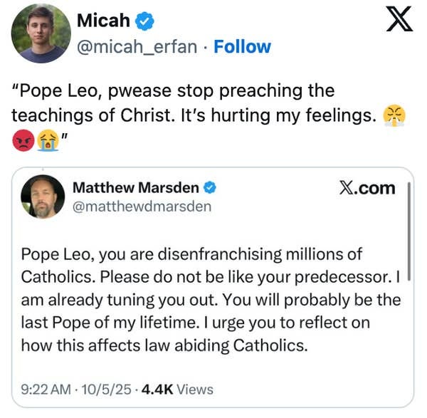 Tweet exchange: Micah sarcastically asks Pope Leo to stop preaching Christ&#x27;s teachings. Matthew criticizes Pope Leo for alienating Catholics