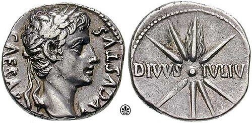 Ancient Roman coin depicting Augustus on the obverse with a commemoration to his adoptive father, Julius Caesar, on the reverse