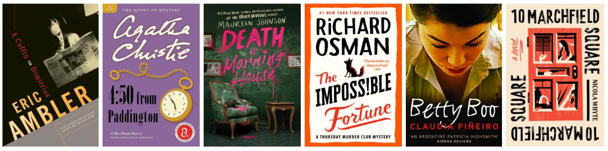 Visual display of book covers for mystery titles listed below - covers with bold typography and dark tones punctuated by bright accent colors.