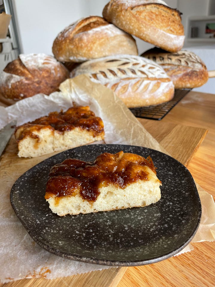 Danish Brunsviger made with sourdough and brown sugar and butter topping
