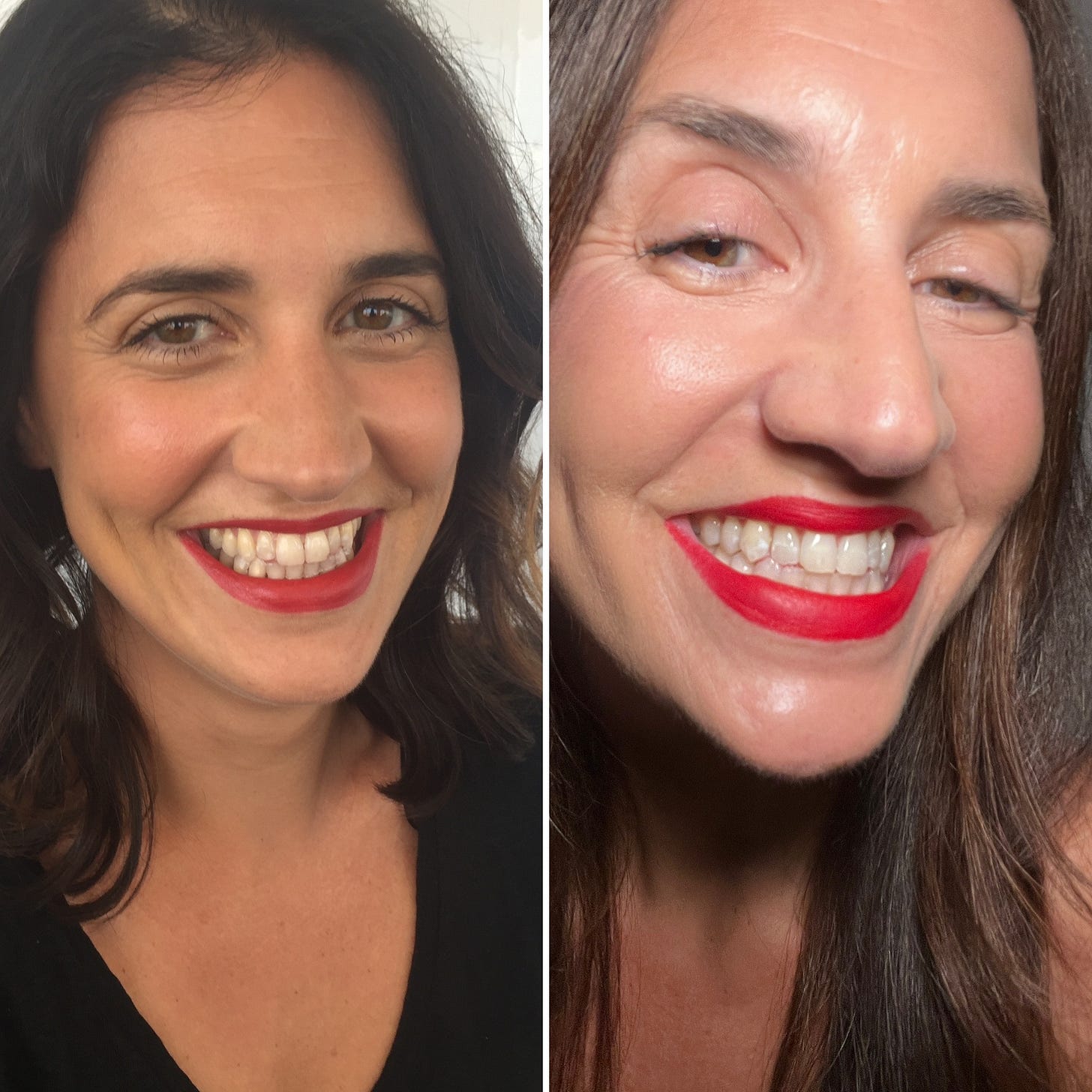 A side by side comparison picture of Beauty Editor Donna Francis showing the diffrence in her skin and hair for The 40 to 50 Beauty Editor Project