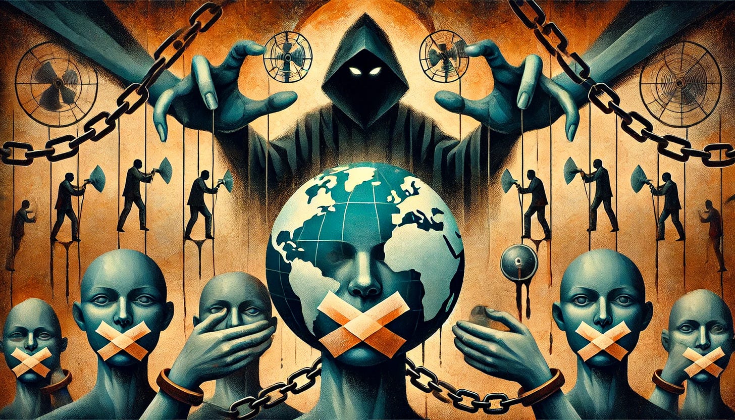 An abstract and symbolic image representing manipulation, control, and suppression. A shadowy figure in the background controls puppets, symbolizing hidden influence. A globe is wrapped in chains, representing the world under control. In the foreground, there are mouths sealed with tape, representing silenced voices or suppressed speech. Chains are wrapped around books and microphones, symbolizing the restriction of knowledge and expression. Hands are shown covering the mouths of figures, suggesting direct suppression of discourse. The color palette is dark, muted, and ominous to emphasize the sense of oppression and control.