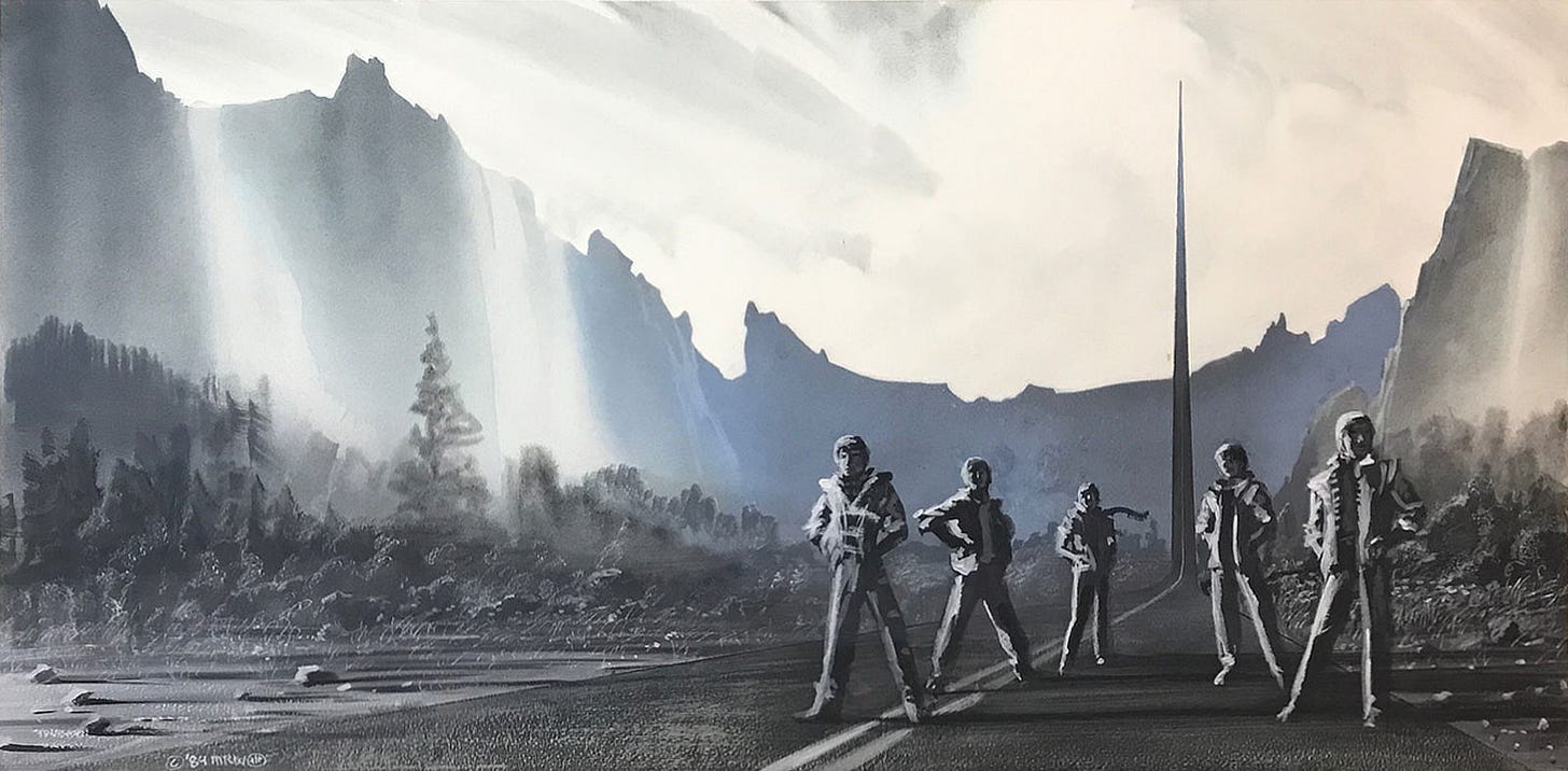 Concept 4 for VICTORY, rendered tonally and featuring five rough figures standing on a blacktop road that shoots straight up into the sky as it reaches the horizon. Walls of mountain surround the pristine wilderness around the road.