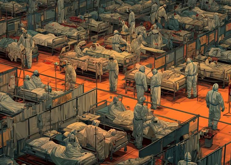 Medical staff in biohazard suits struggle to treat many dying patients in a huge ward --v 7 Job ID: 557a72cd-8833-4363-9f02-6ff4f7edf648