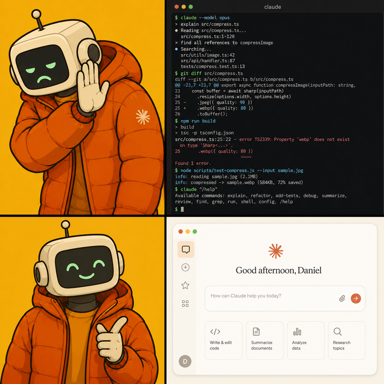 Four-panel graphic: a cartoon robot blocking its face, a Claude Code terminal session, a thumbs-up robot, and the Claude Desktop chat tab greeting "Good afternoon, Daniel." Four-panel graphic: a cartoon robot blocking its face, a Claude Code terminal session, a thumbs-up robot, and the Claude Desktop chat tab greeting "Good afternoon, Daniel."