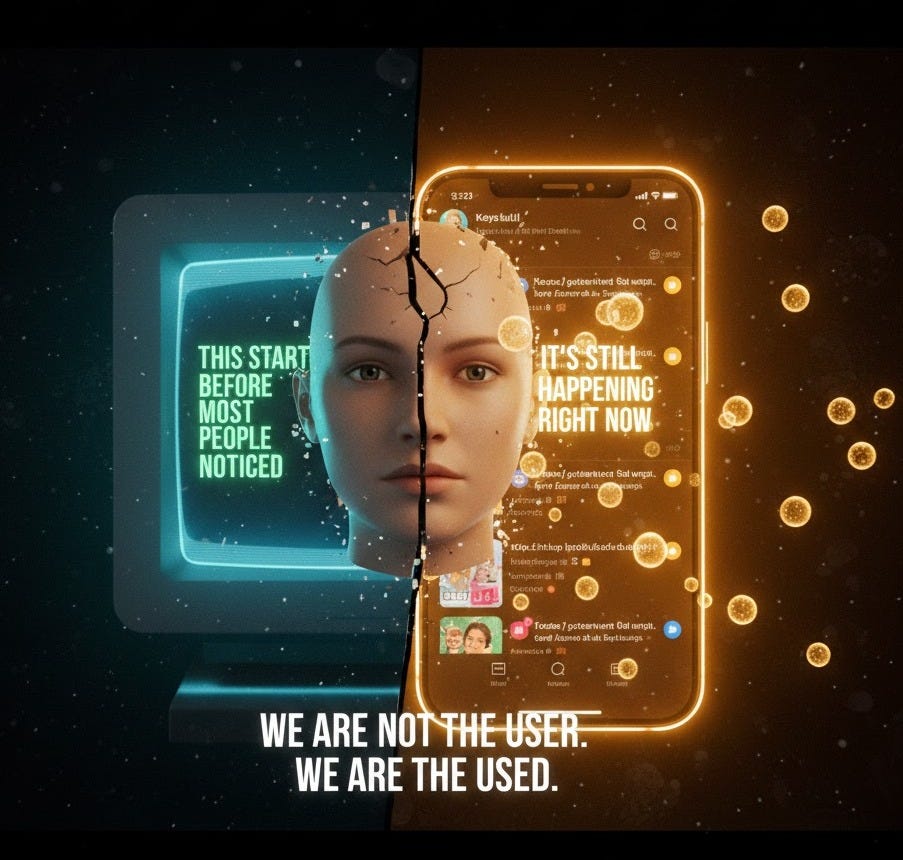Human face split between vintage computer screen and modern smartphone representing the real Millennium Bug social media mental health crisis and how technology has rewired human thinking since the year 2000 - https://bit.ly/4aMCH67 Human face split between vintage computer screen and modern smartphone representing the real Millennium Bug social media mental health crisis and how technology has rewired human thinking since the year 2000 - https://bit.ly/4aMCH67