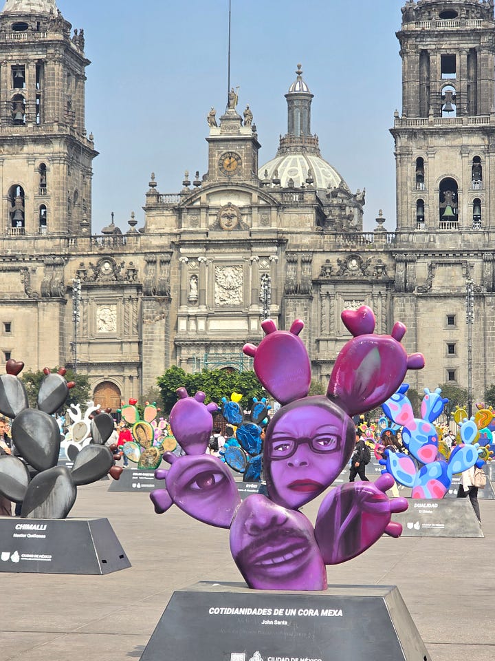 Zócalo: Temporary nopales sculptures, Gran hotel ceiling, cathedral interior, parish exterior