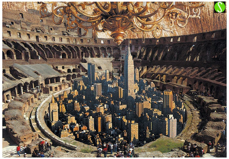postcard collage of midtown New York set in the Colosseum. ©Steve Butcher 2002 