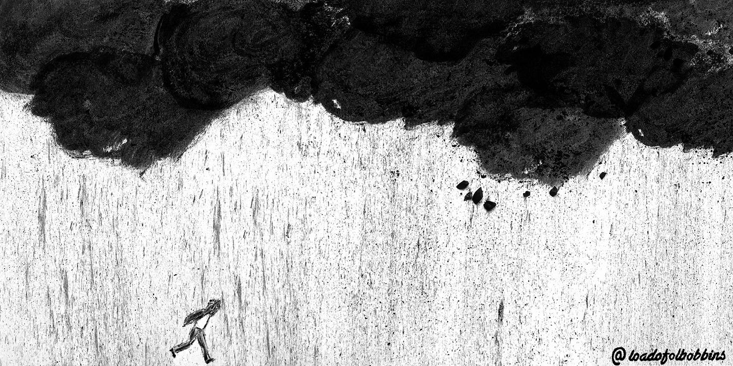 A black and white illustration of a small figure running through charcoal rain and clouds.